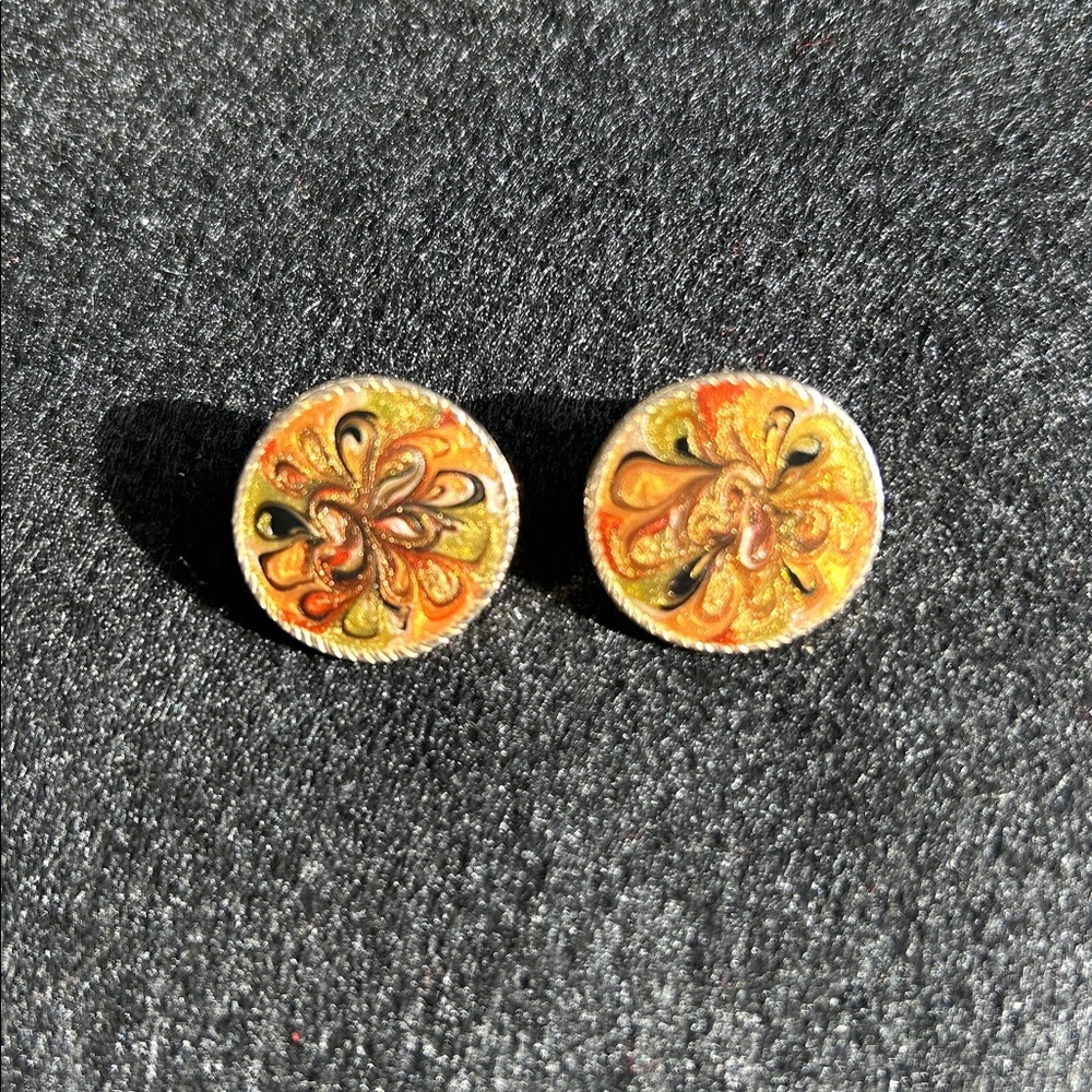 Elegant Czech Glass Orange Floral Button Earrings gold toned